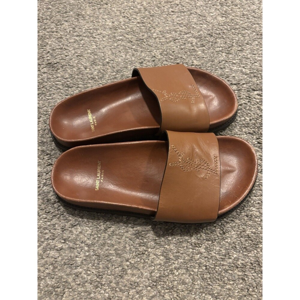 Yves Saint Laurent Joan YSL Monogram Leather Slide Sandal Women Size 35 US 5